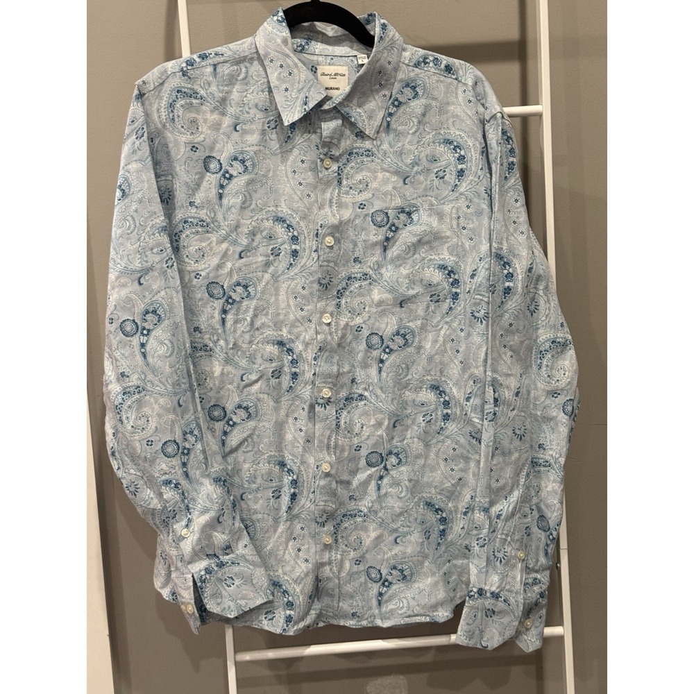 Murano Shirt Mens Large Blue Paisley Baird McNutt Linen Button Down Retro Chic